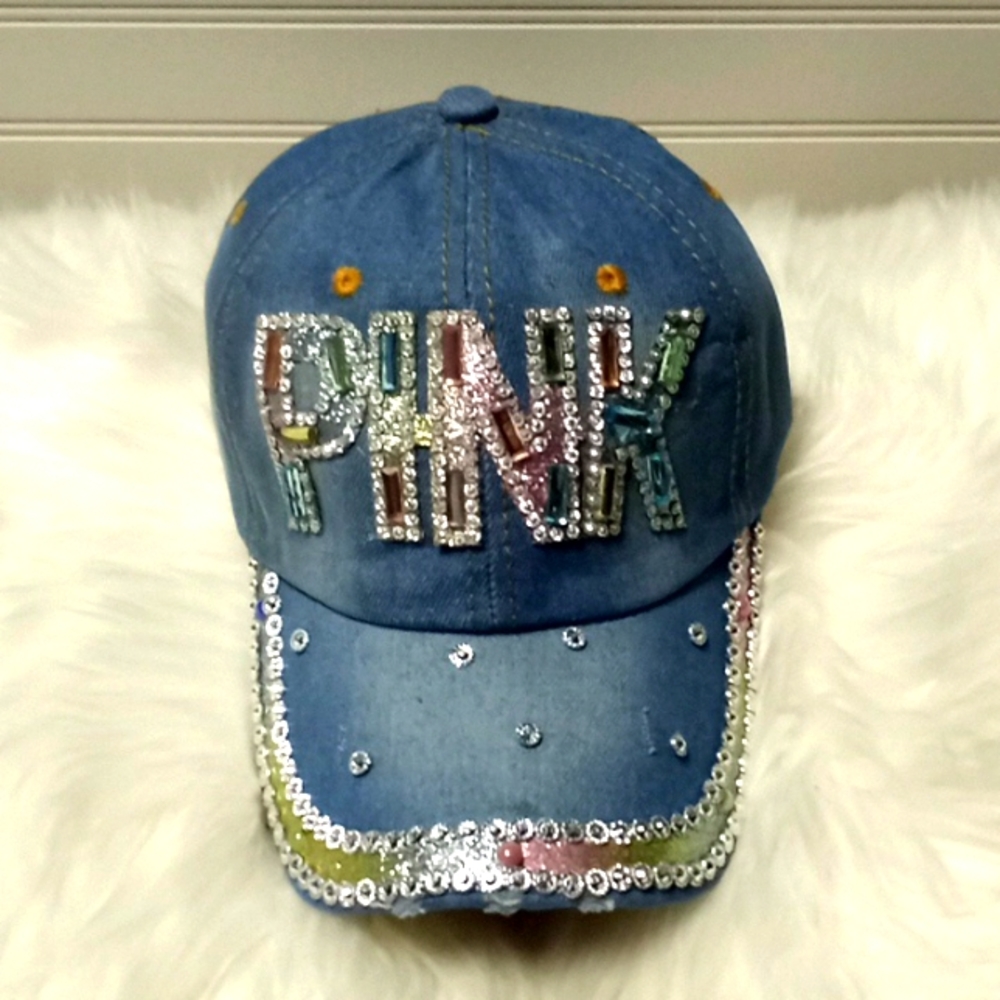 PINK Bling 💎 Light Blue Denim Baseball Cap